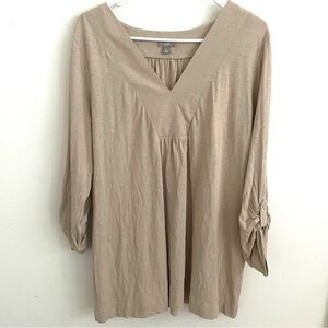 J jill petite cotton roll tabe sleeve V-neck tan Top L